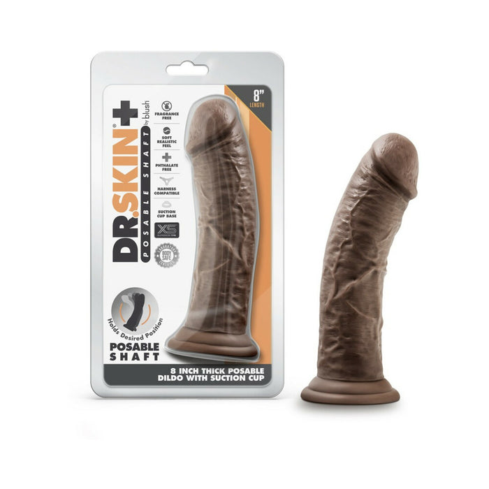 Blush Dr. Skin Plus Thick 8 in. Triple Density Posable Dildo with Suction Cup Brown