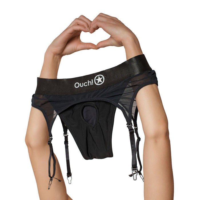 Shots Ouch! Vibrating Strap-on Thong with Adjustable Garters Black XS/S