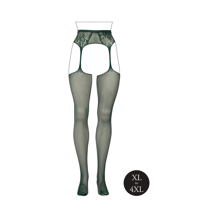 Le Desir Fishnet and Lace Garterbelt Stockings Midnight Green Queen Size