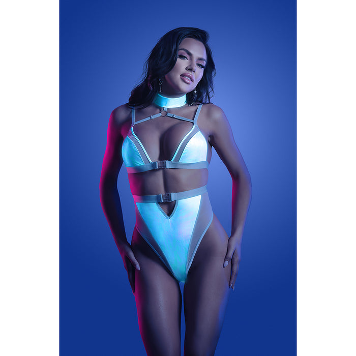 Fantasy Lingerie Glow Prismatic Iridescent Glow-in-the-Dark Cut-Out Harness Bodysuit S/M