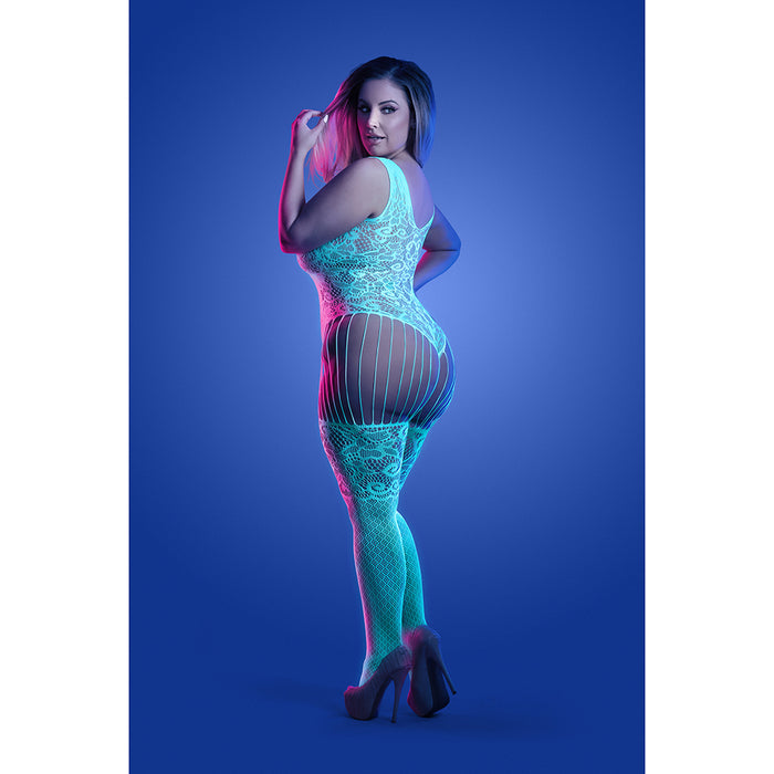Fantasy Lingerie Glow Illuminate Glow-in-the-Dark Crotchless Teddy Bodystocking Queen Size