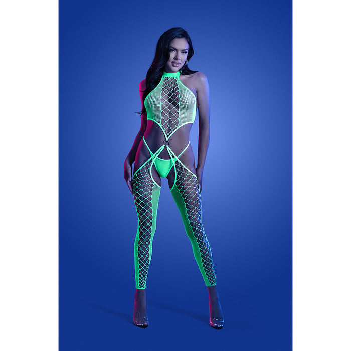 Fantasy Lingerie Glow High Voltage UV Reactive High Neck Bodystocking & G-String Panty O/S