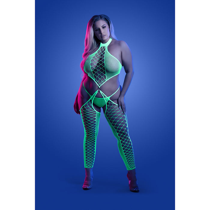 Fantasy Lingerie Glow High Voltage UV Reactive High Neck Bodystocking & G-String Panty Queen Size