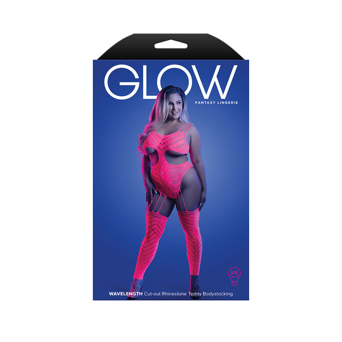 Fantasy Lingerie Glow Wavelength UV Reactive Rhinestone Fishnet Cut-Out Teddy Bodystocking Queen Size