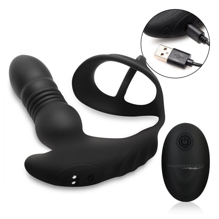 Thunderplugs 10X Thrusting Silicone Vibrator with Cock & Ball Strap & Remote