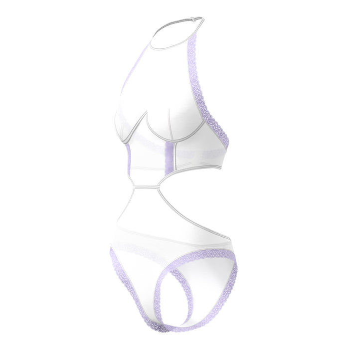 Magic Silk Sheer Passion Halter Teddy White/Lavender Queen Size