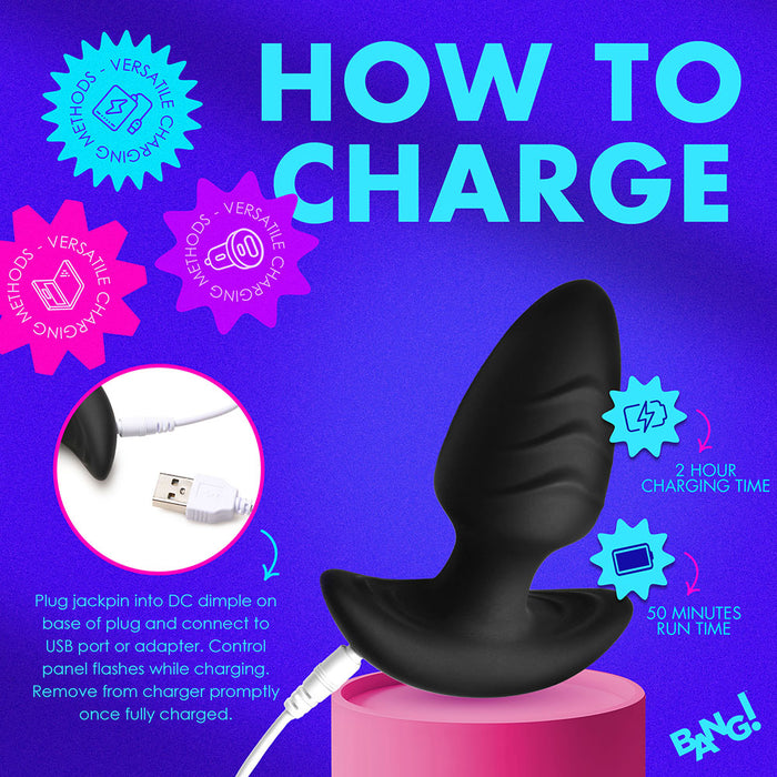 BANG! Rotating & Vibrating Silicone Butt Plug with Remote Black