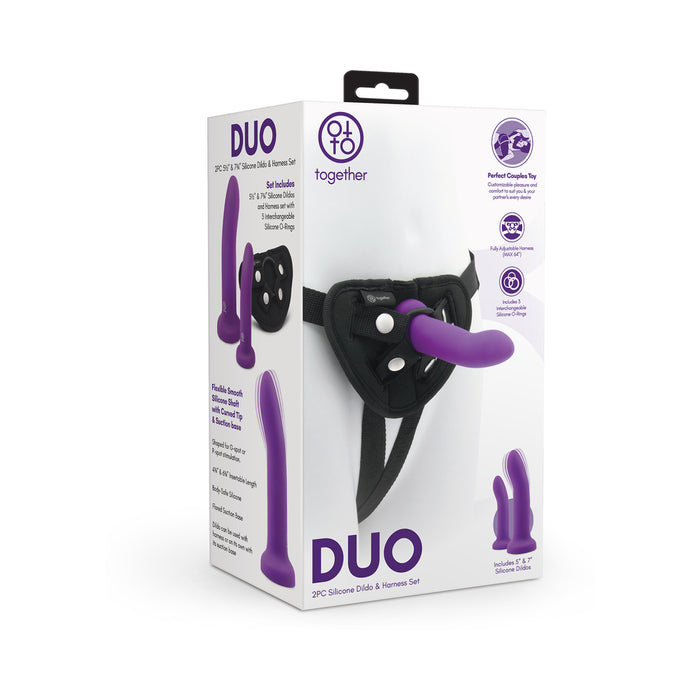 Together Duo 2-Piece 5 / 7 in. Silicone Dildo & Harness Set Purple