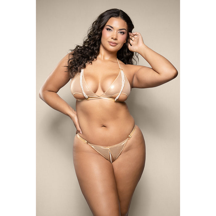 Fantasy Lingerie Opulence Foiled Mesh Cut-Out Pearl Halter Bralette & Crotchless Pearl Panty Queen Size