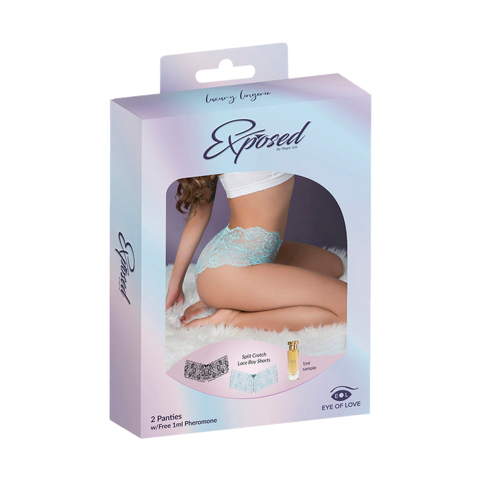 Magic Silk Pheromone Panties Split Crotch Lace Boy Short 2-Pack Aqua/Black S/M
