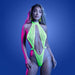 Fantasy Lingerie Glow Mind Control UV Reactive Lace Halter Plunge Teddy L/XL