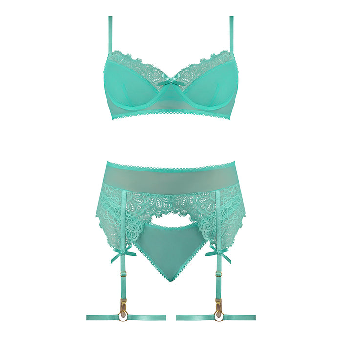 Magic Silk Caribbean Crush Demi Bra & Thong with Garter Set Aqua Glow Queen Size