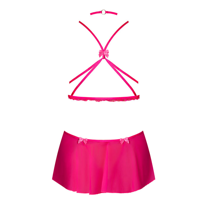 Magic Silk Pink Kink Harness Top, Open Crotch Skirt Panty & Choker Pink Glow Queen Size