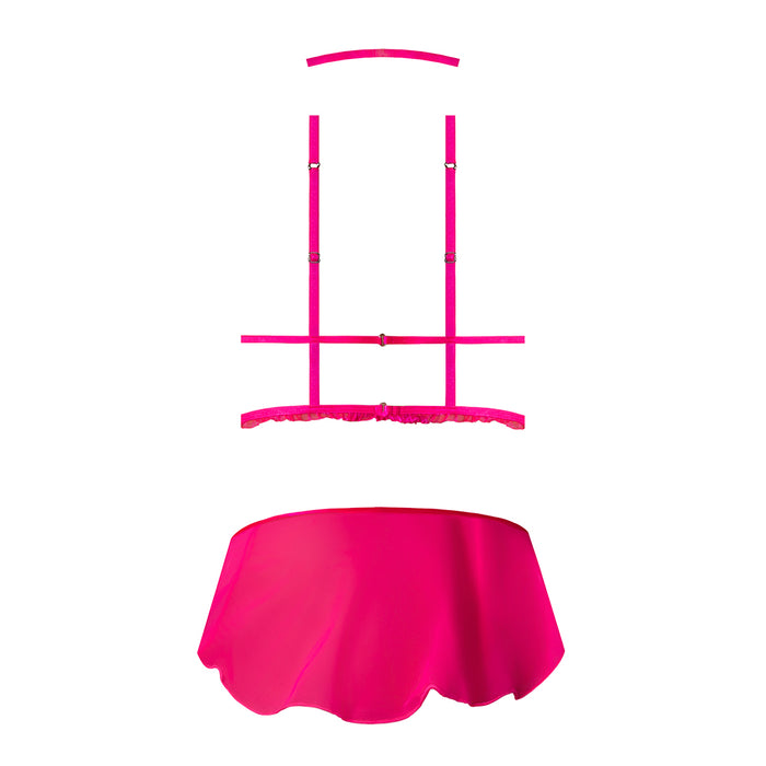 Magic Silk Pink Kink Harness Top, Open Crotch Skirt Panty & Choker Pink Glow Queen Size