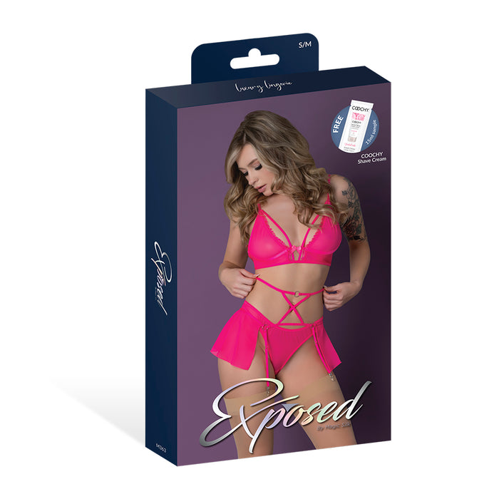 Magic Silk Pink Kink Bralette, High Leg Panty & Garter Skirt Set Pink Glow L/XL
