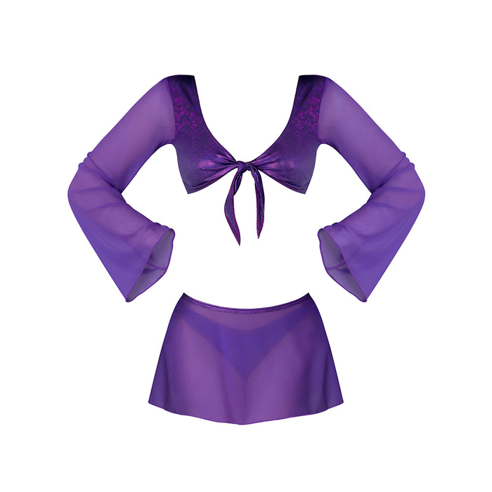 Magic Silk Glimmer LS Crop Top, Mini Skirt & Tie Side Thong Purple Disco S/M
