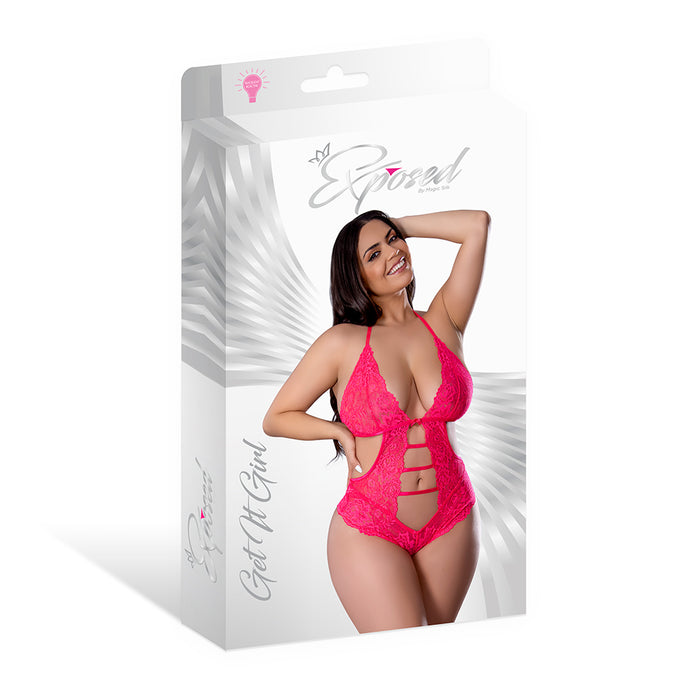 Magic Silk Get It Girl Halter Teddy with Snap Crotch Diva Pink Queen Size