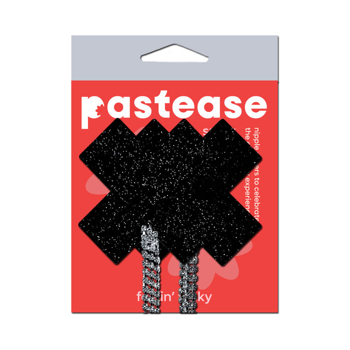 Pastease Tassel Pasties: Black Sparkle Plus X with Long Rhinestone Tassel