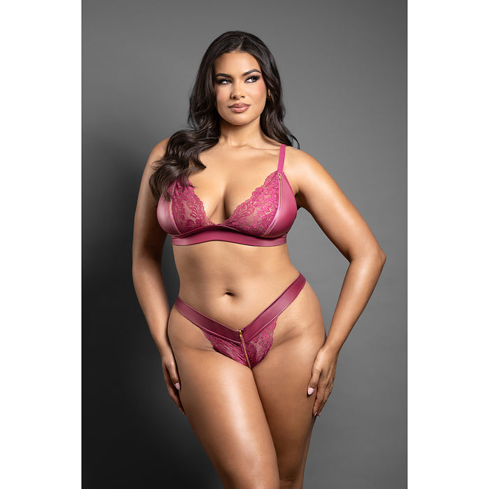 Fantasy Lingerie Domina Bralette & Panty with Zipper Details Berry Queen Size