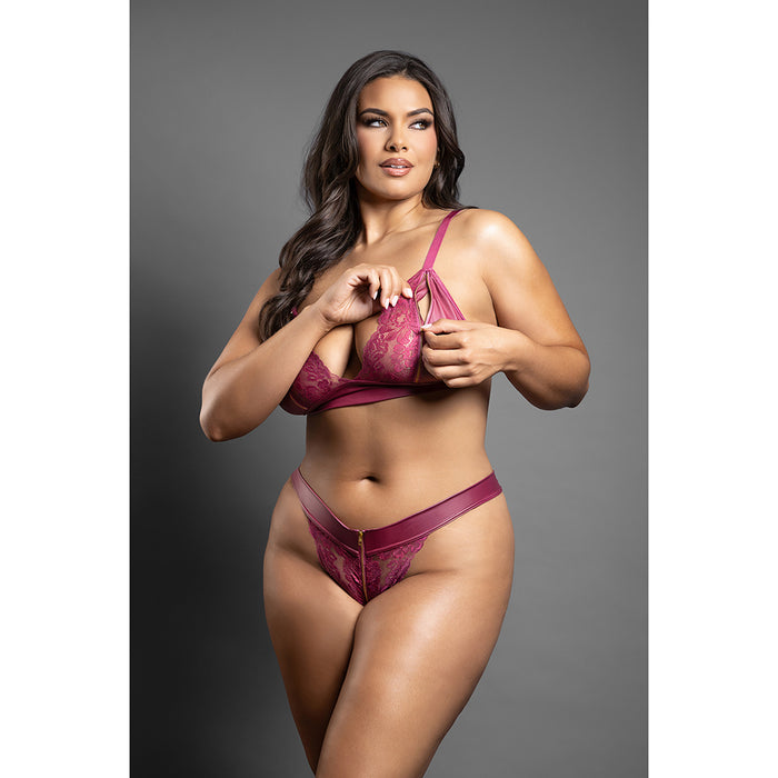 Fantasy Lingerie Domina Bralette & Panty with Zipper Details Berry Queen Size