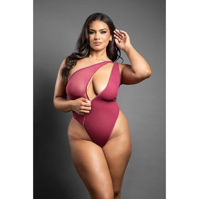 Fantasy Lingerie Domina Crotchless One-Shoulder Teddy with Asymmetrical Front Zipper Berry Queen Size