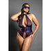 Fantasy Lingerie Domina Open Halter Teddy with Lace-Up Detail & Blindfold Deep Purple Queen Size