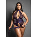 Fantasy Lingerie Domina Open Halter Teddy with Lace-Up Detail & Blindfold Deep Purple Queen Size