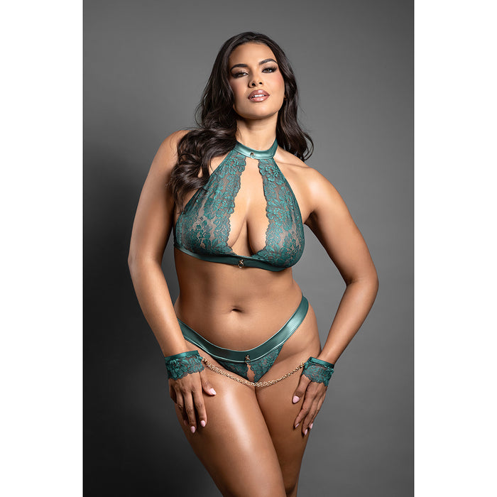 Fantasy Lingerie Domina Keyhole Halter Bralette & Open Panty with Detachable Chain-Link Cuffs Pine Green Queen Size