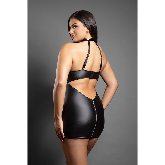 Fantasy Lingerie Domina Chemise with Zipper Details & Buckle Halter Black Queen Size