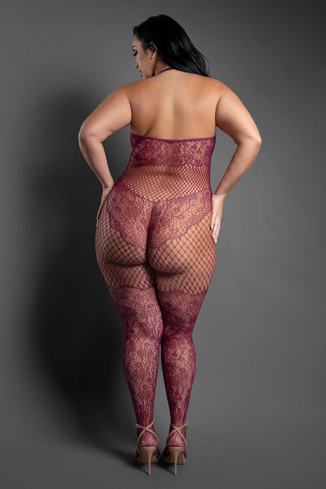 Fantasy Lingerie Sheer Our Moment Crotchless Halter Bodystocking Plum Queen Size