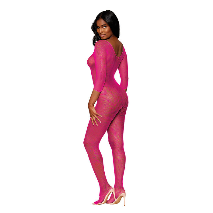 Dreamgirl Three-Quarter Sleeve Fishnet Bodystocking Open-Crotch Neon Pink O/S