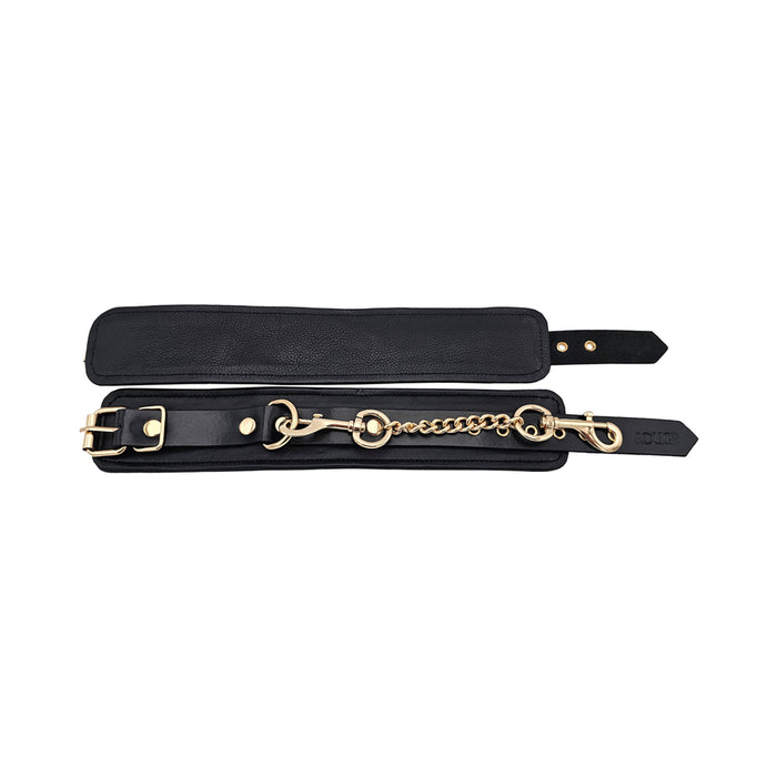 Rouge Leather Plain Ankle Cuffs Black with Gold Accessories