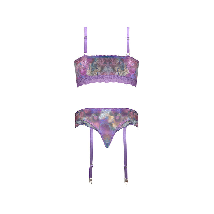 Magic Silk Wisteria Mist Bralette & Panty with Removable Garters Floral S/M