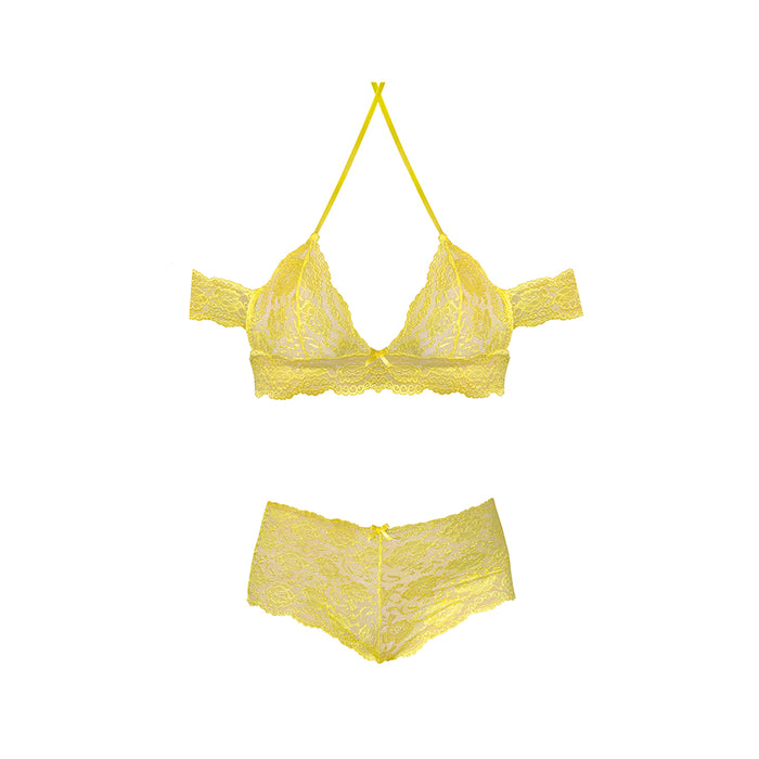 Magic Silk Daffodil Dreams Bardot Sleeve Halter Top & Boy Short Set Yellow S/M