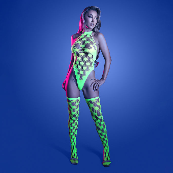 Fantasy Lingerie Glow Adrenaline Halter Teddy & Stockings in Rhinestone Fishnet O/S