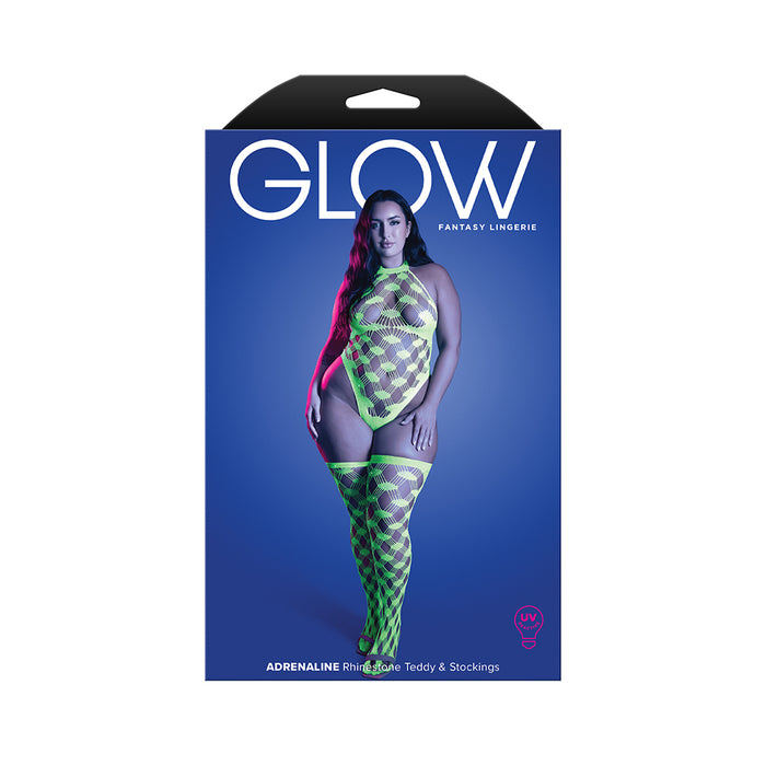 Fantasy Lingerie Glow Adrenaline Halter Teddy & Stockings in Rhinestone Fishnet Queen Size