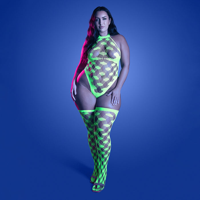 Fantasy Lingerie Glow Adrenaline Halter Teddy & Stockings in Rhinestone Fishnet Queen Size