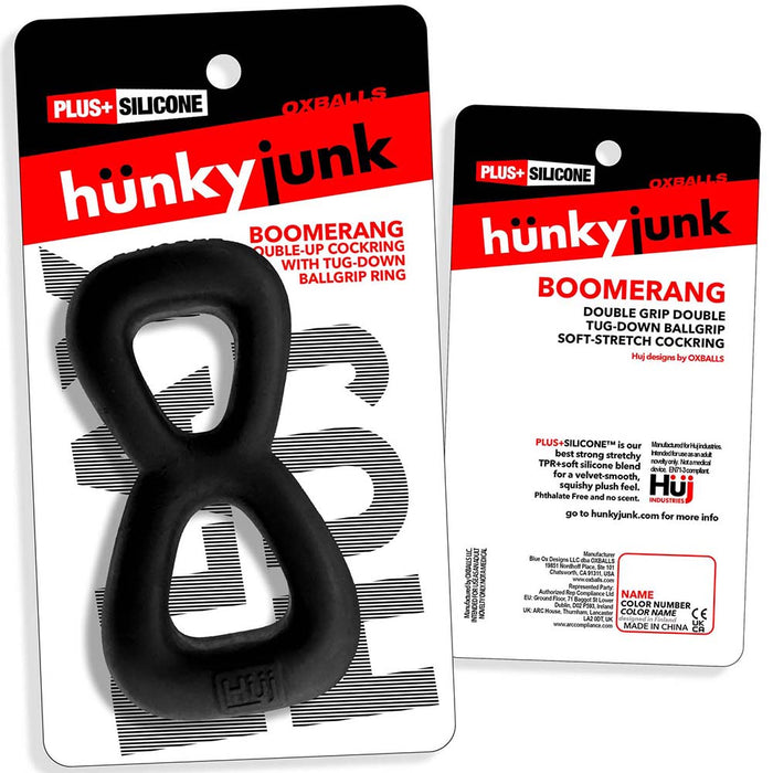 Hunkyjunk Boomerang Double-Ring Cockring & Nut-Tugger Black Fog