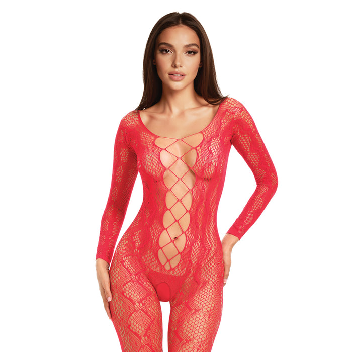 Me You Us Lace Bodystocking Red O/S