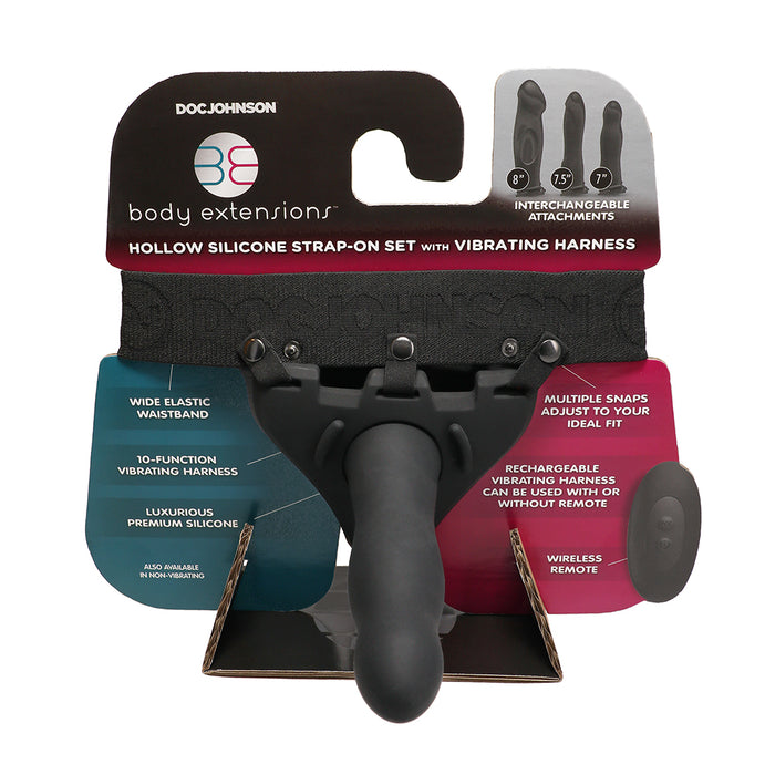 Body Extensions Vibrating Silicone Harness with 7 in. Bulbed Dong Corrugated Tester & Display