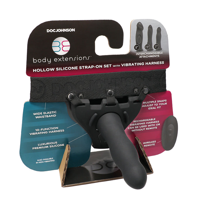 Body Extensions Vibrating Silicone Harness with 7 in. Bulbed Dong Corrugated Tester & Display