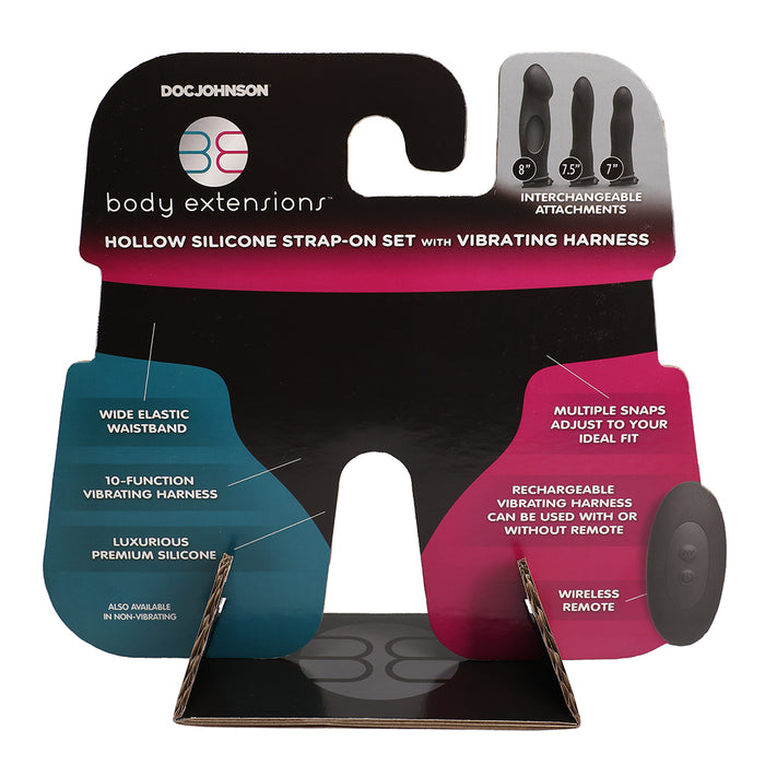 Body Extensions Vibrating Silicone Harness with 7 in. Bulbed Dong Corrugated Tester & Display