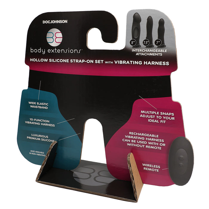 Body Extensions Vibrating Silicone Harness with 7 in. Bulbed Dong Corrugated Tester & Display