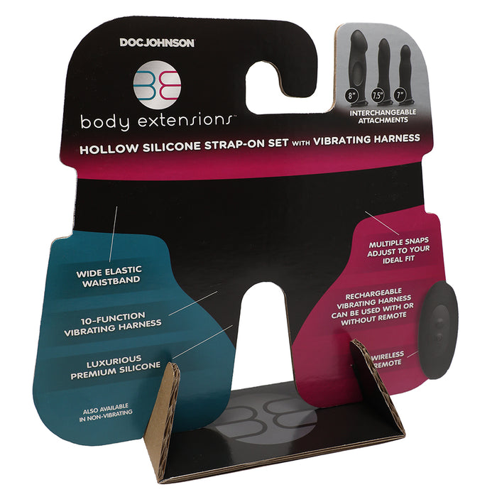 Body Extensions Vibrating Silicone Harness with 7 in. Bulbed Dong Corrugated Tester & Display