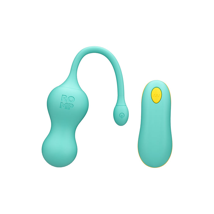 ROMP Cello Rechargeable Silicone G-Spot Egg Vibrator with Remote Light Teal Tester