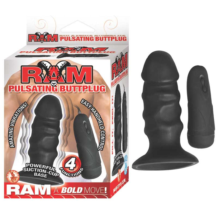 Ram Pulsating Buttplug 4in. Vibrating Plug With Suction Cup & Controller (Blk)