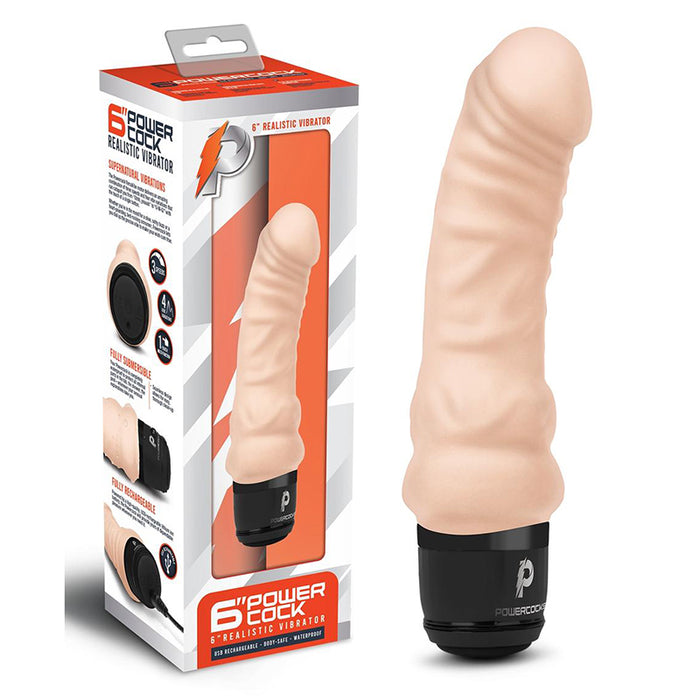 Powercock 6 in. Realistic Vibrator Rechargeable Silicone Vibrating Dildo Beige
