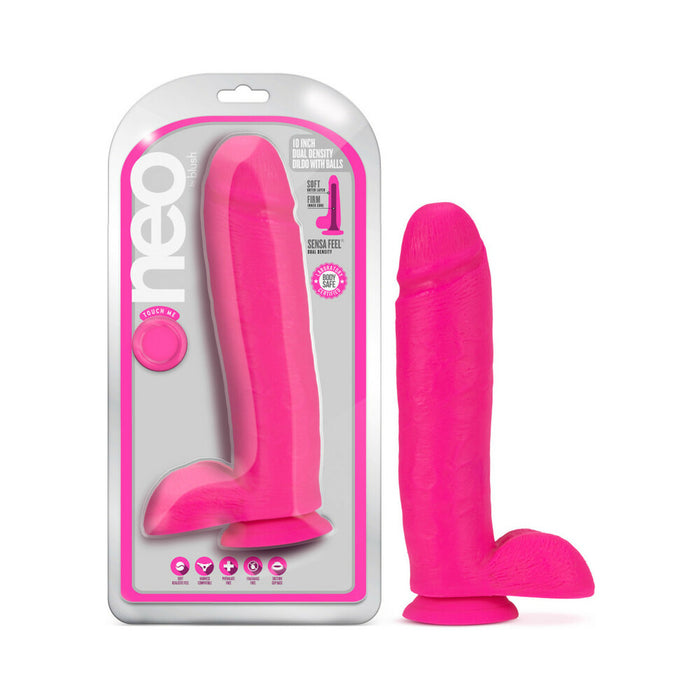 Blush Neo 10 in. Dual Density Dildo with Balls & Suction Cup Neon Pink
