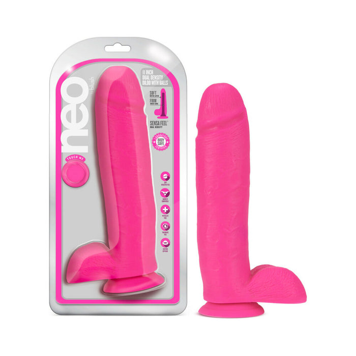 Blush Neo 11 in. Dual Density Dildo with Balls & Suction Cup Neon Pink