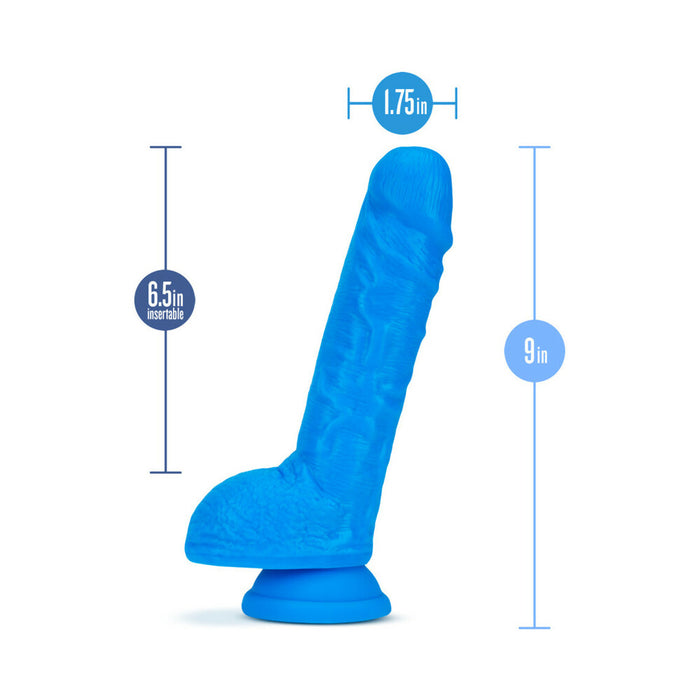 Blush Neo 9 in. Dual Density Dildo with Balls & Suction Cup Neon Blue